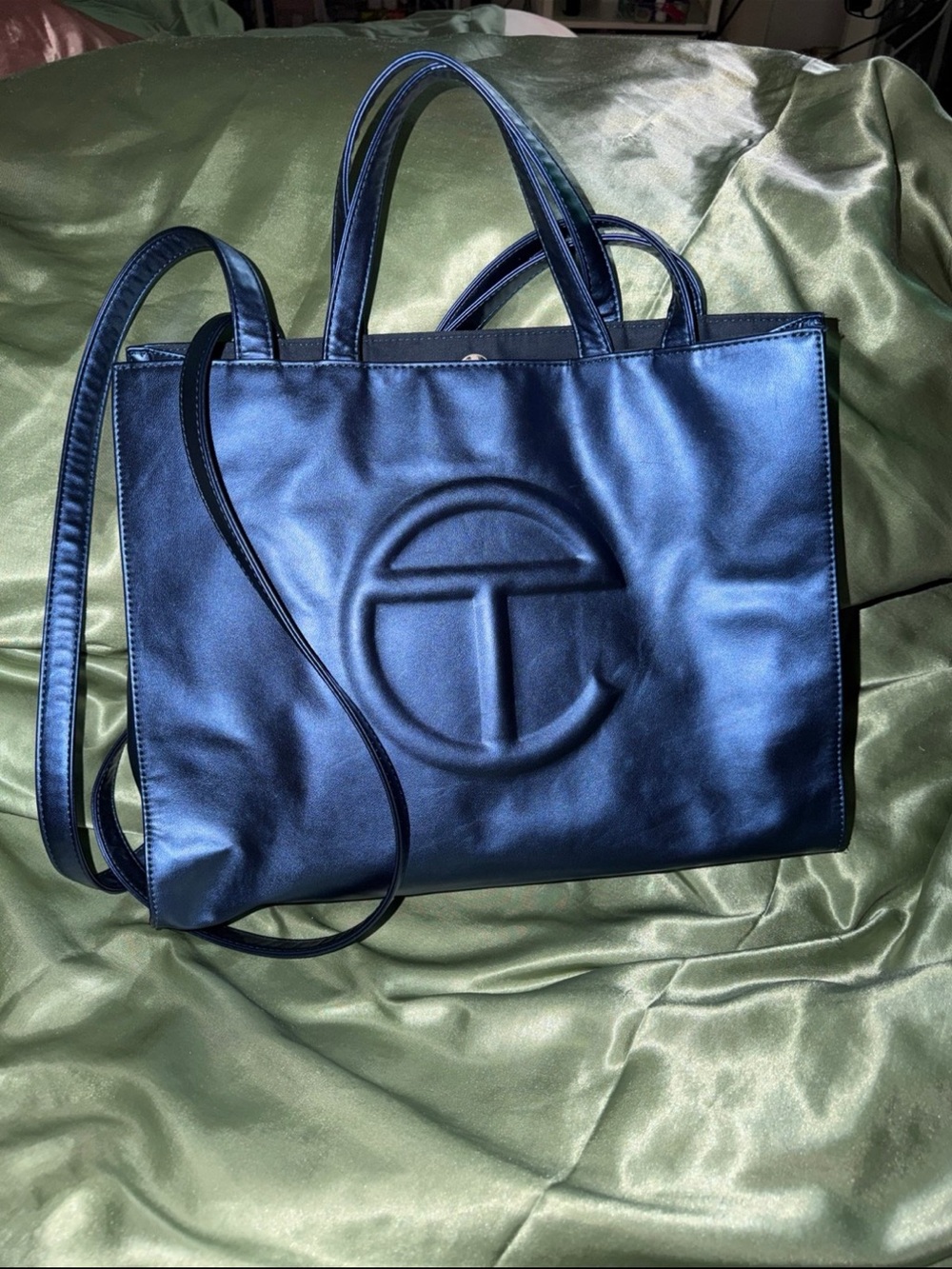 Telfar Medium Navy Blue Leather Tote Bag